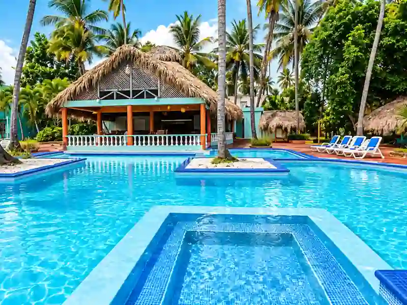 Cortecito Inn Punta Cana tropical swimming pool with palm trees and thatched poolside pavilion