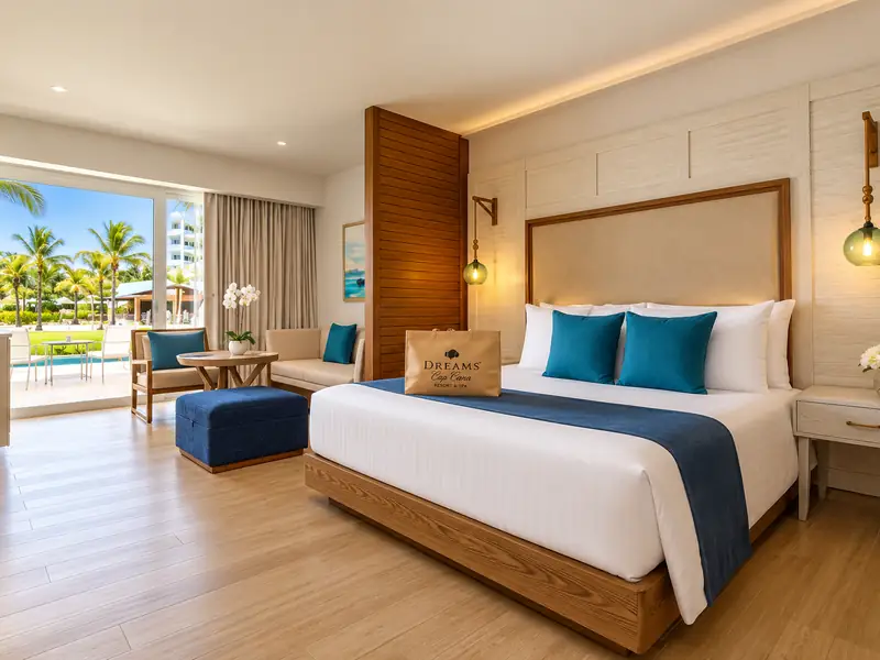 Dreams Cap Cana luxury resort room with king bed, tropical garden and pool view