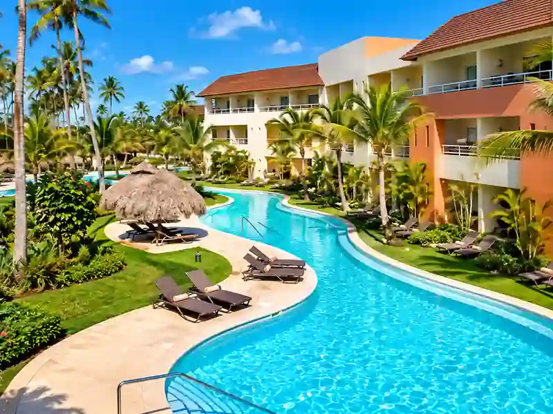 Dreams Cap Cana swim-up pool suites surrounded by tropical gardens and palm trees