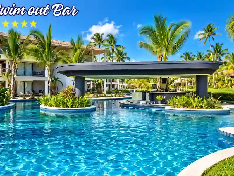 Dreams Flora Cabeza de Toro swim-out bar with tropical pool and palm trees