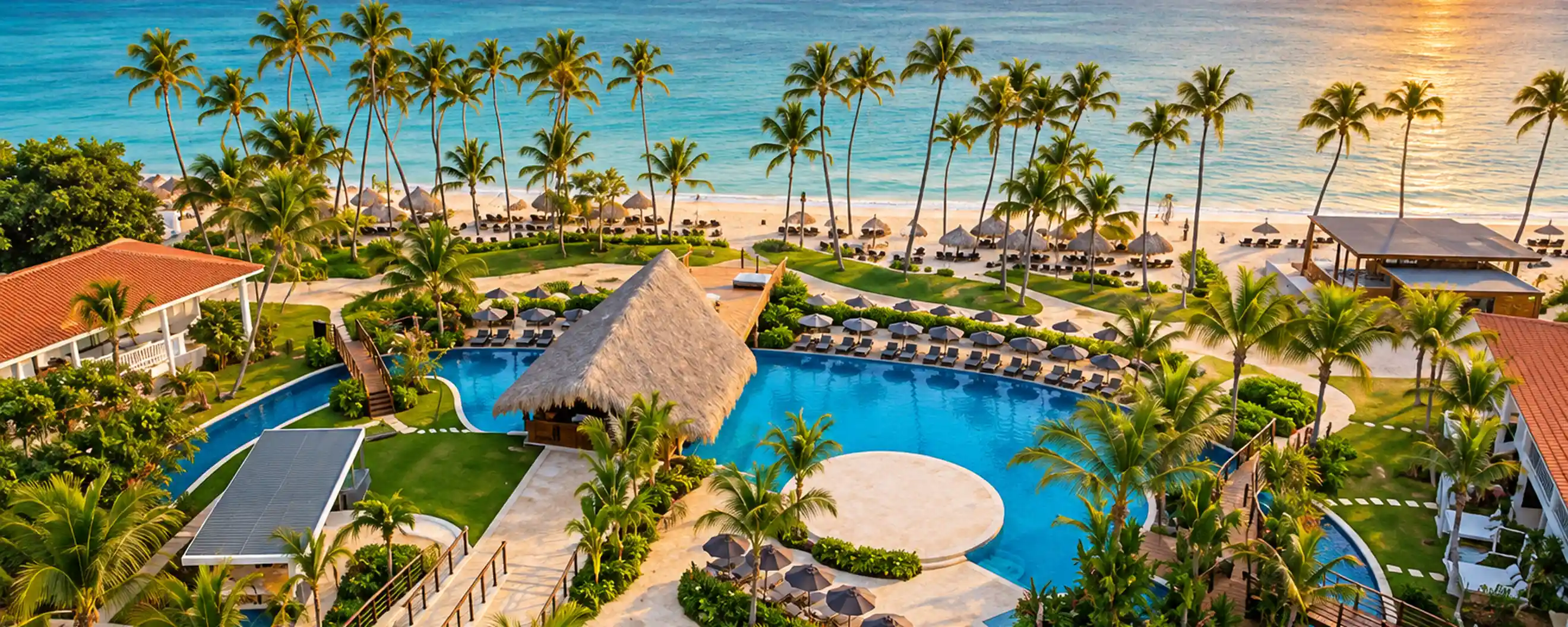 Aerial view of Dreams Flora Cabeza de Toro beachfront resort with tropical pools and Caribbean Sea