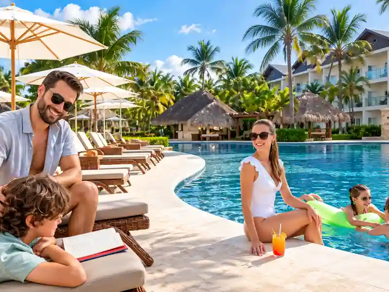 Family enjoying the tropical swimming pool at Dreams La Romana resort
