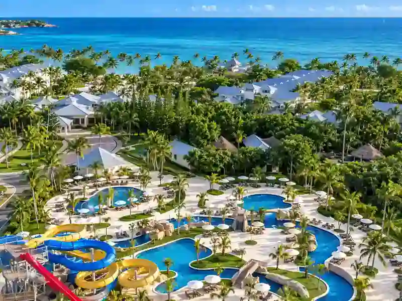 Aerial view of Dreams La Romana water park, pools and tropical Caribbean resort