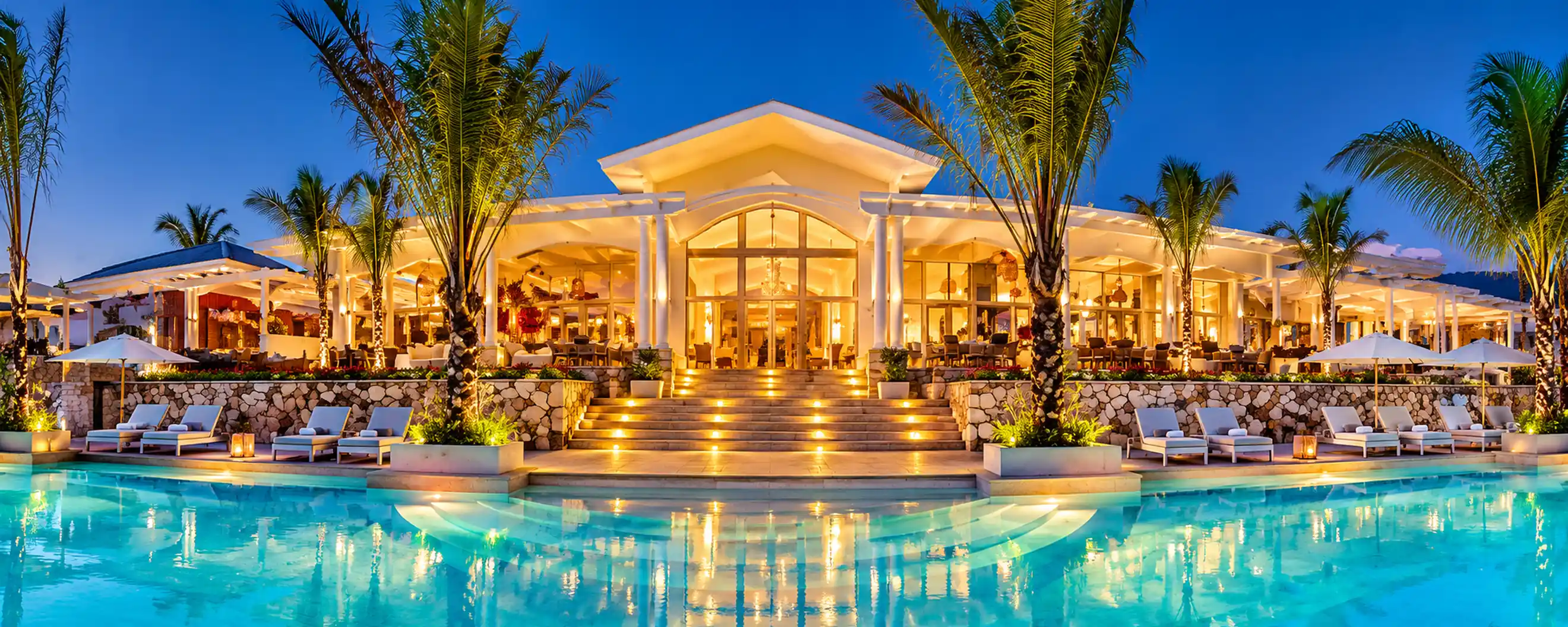 Eden Roc Cap Cana luxury resort pool and illuminated hotel at sunset