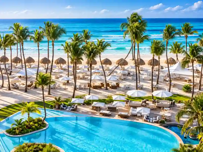 Eden Roc Cap Cana beachfront pool with palm trees and Caribbean ocean