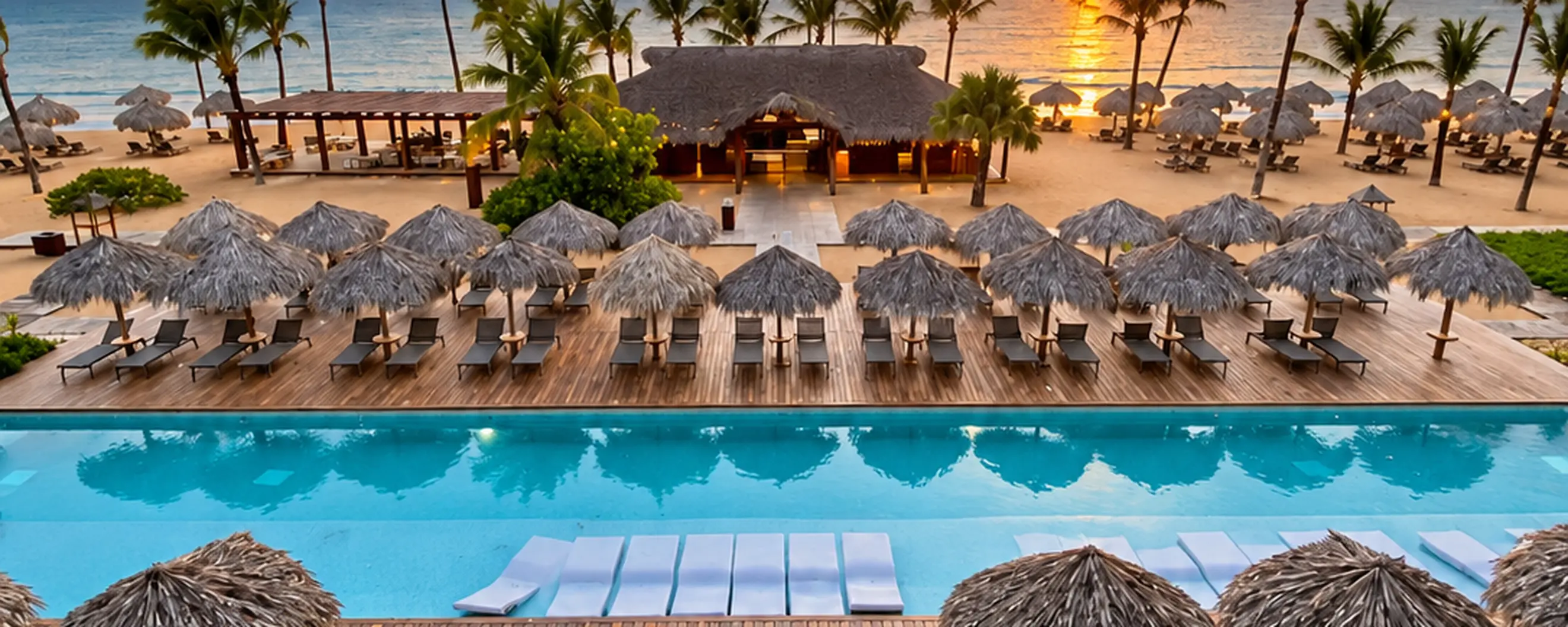 Excellence El Carmen Punta Cana sunset view with infinity pool, palm trees, and beachfront