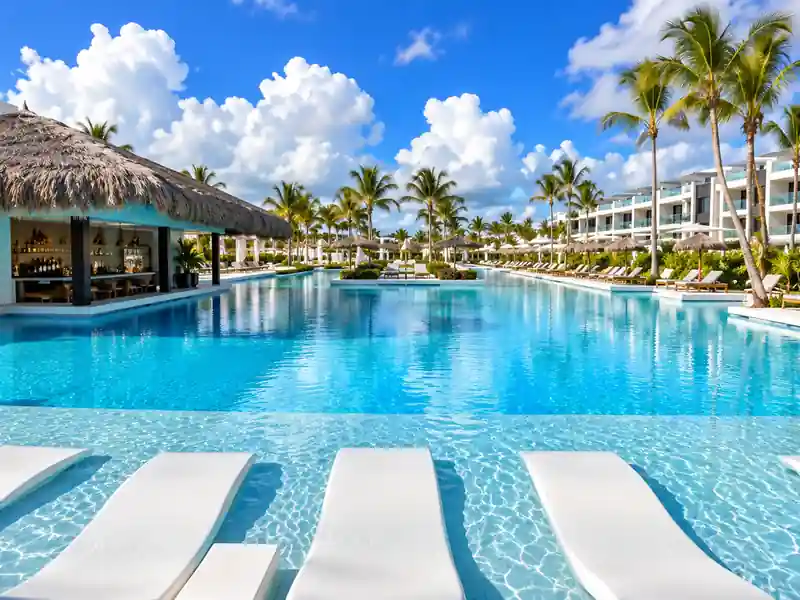 Excellence Finest Punta Cana main pool with swim-up bar and tropical palm trees