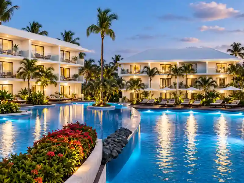 Excellence Punta Cana resort pool at dusk with tropical gardens and luxury accommodations