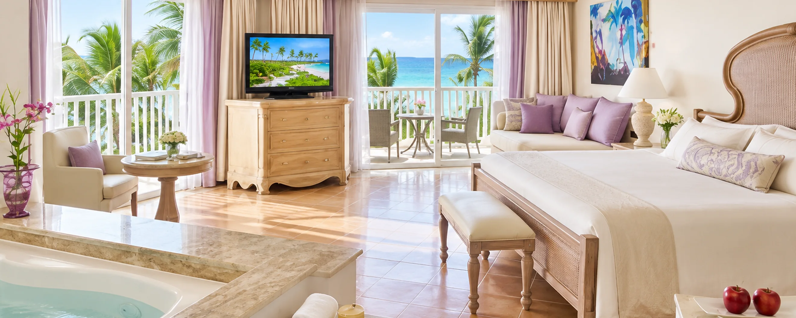 Excellence Punta Cana luxury ocean-view suite with king bed, private balcony, and spa tub