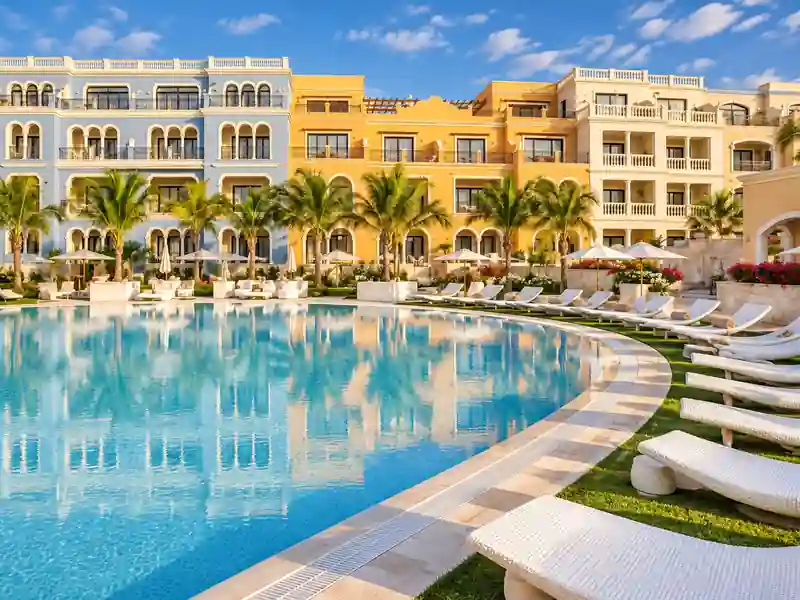 Fishing Lodge Cap Cana main pool with Mediterranean-style resort buildings and palm trees