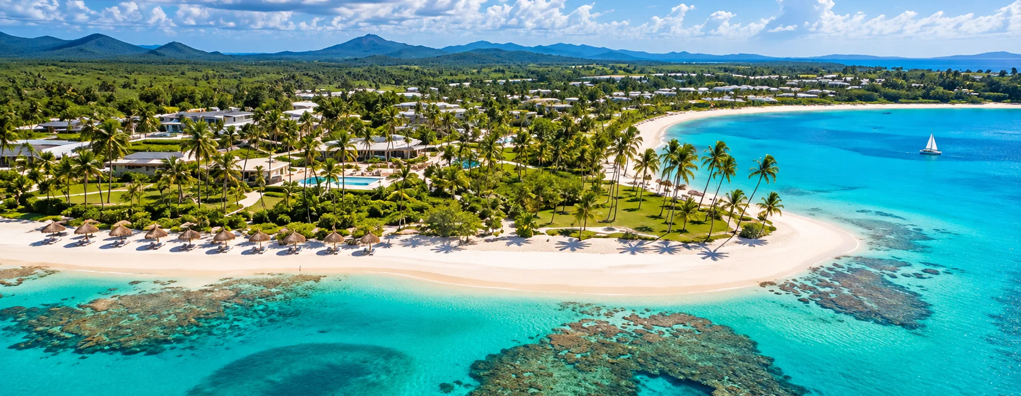 Aerial view of Four Seasons Cap Cana beachfront resort with turquoise Caribbean water and