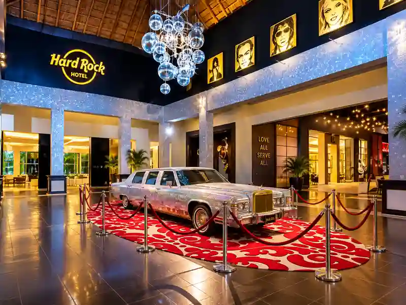 Hard Rock Hotel Punta Cana lobby with luxury limousine display and rock-themed decor