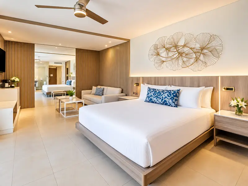 Hideaway at Royalton Punta Cana luxury suite with king bed and modern tropical decor