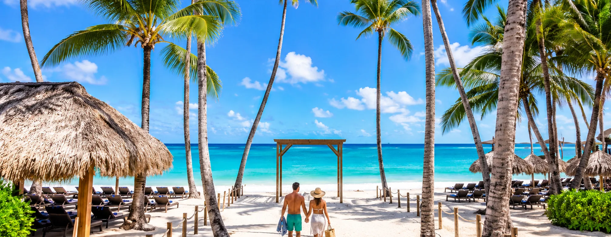 Couple walking toward the tropical beach at Hideaway at Royalton Punta Cana